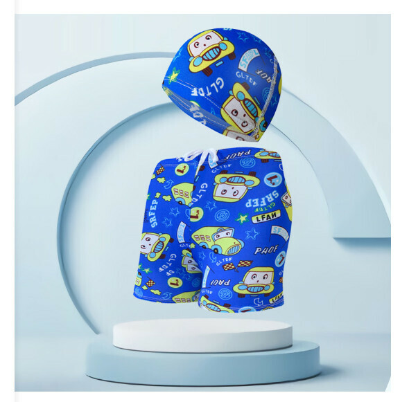 Hot recommended children's swimming trunks with swimming cap set [one size fits all (height 110-125CM, 30-50 pounds)] [blue background car-16]