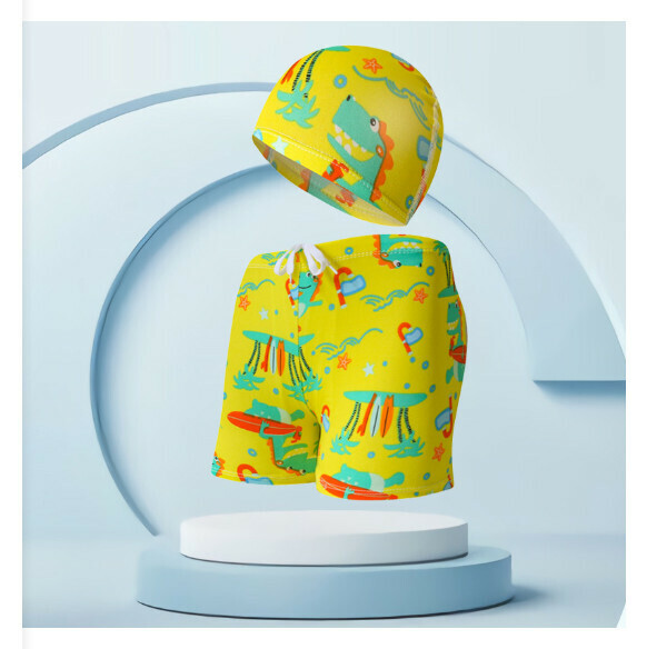 Hot recommended children's swimming trunks with swimming cap set [one size fits all (height 110-125CM, 30-50 pounds)] [yellow bottom beach dinosaur-19]