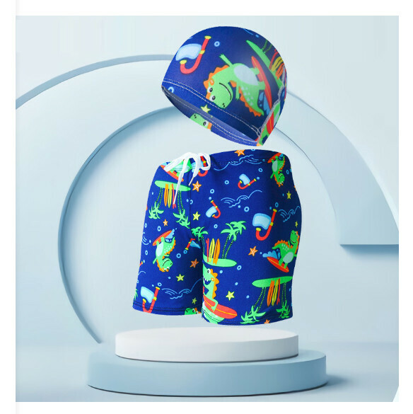 Hotly recommended children's swimming trunks with swimming cap set [one size fits all (height 110-125CM, 30-50 pounds)] [dark sapphire blue bottom little dinosaur-15]