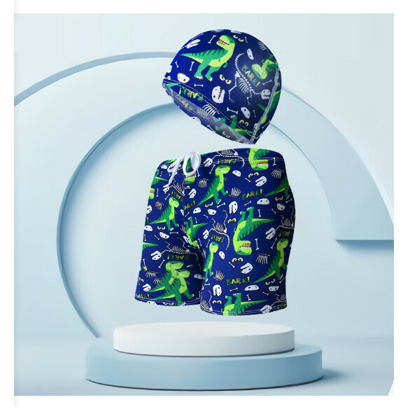 Hot recommended children's swimming trunks with swimming cap set [one size fits all (height 110-125CM, 30-50 pounds)] [navy bottom little dinosaur-14]