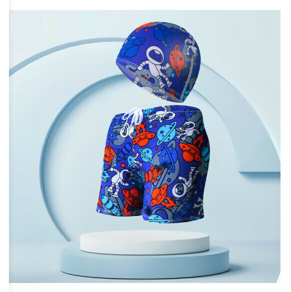 Hotly recommended children's swimming trunks with swimming cap set [one size fits all (height 110-125CM, 30-50 pounds)] [sapphire blue alien-12]