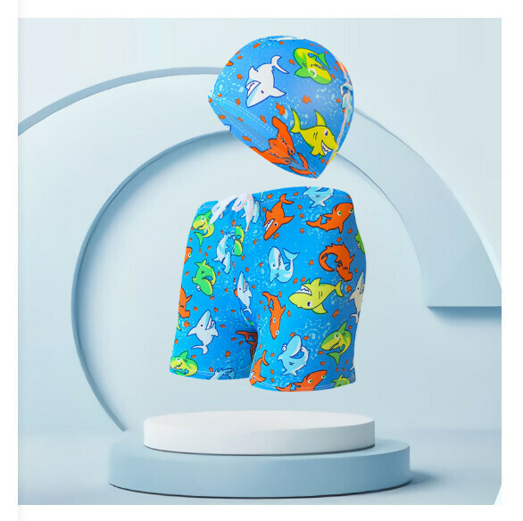 Hot recommended children's swimming trunks with swimming cap set [one size fits all (height 110-125CM, 30-50 pounds)] [Lake Blue Bottom Little Shark-11]