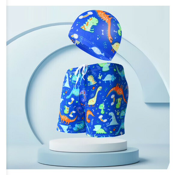 Popular children's swimming trunks with swimming cap set [one size fits all (height 110-125CM, 30-50 pounds)] [sapphire blue dinosaur-13]