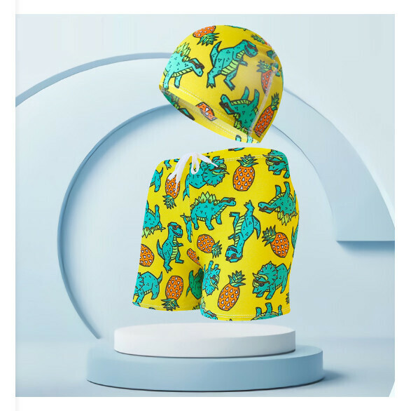 Hot recommended children's swimming trunks with swimming cap set [one size fits all (height 110-125CM, 30-50 pounds)] [yellow bottom dinosaur-18]