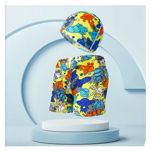 Hot recommended children's swimming trunks with swimming cap set [one size fits all (height 110-125CM, 30-50 pounds)] [yellow bottom alien-20]