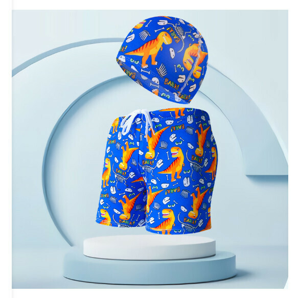 Hotly recommended children's swimming trunks with swimming cap set [one size fits all (height 110-125CM, 30-50 pounds)] [sapphire blue bottom Tyrannosaurus rex-21]