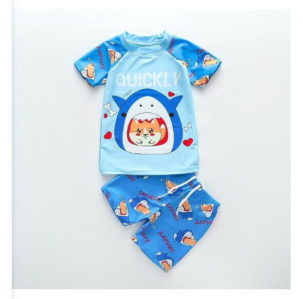 Hot recommended children's split short-sleeved swimsuit [M-XL size] [Lake blue bottom large mouth shark] (contact customer service after placing the order to confirm the delivery size)