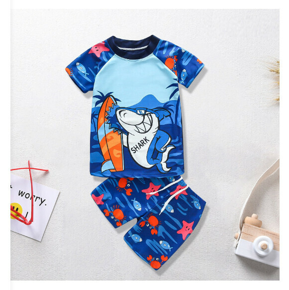 Hot recommended children's split short-sleeved swimsuit [M-XL size] [Blue bottom surf shark] (contact customer service after placing the order to confirm the delivery size)