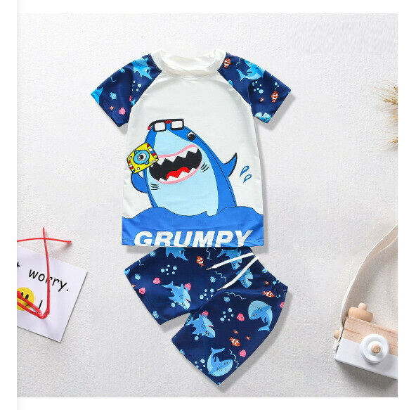 Hot recommended children's split short-sleeved swimsuit [M-XL size] [White bottom glasses shark] (contact customer service after placing the order to confirm the delivery size)
