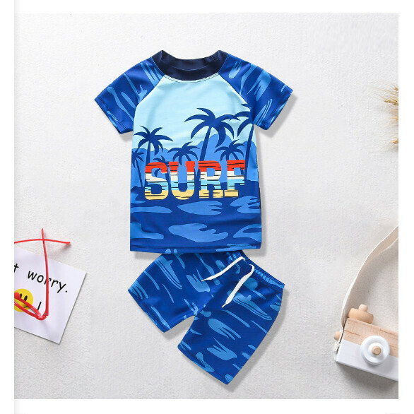 Hot recommended children's split short-sleeved swimsuit [M-XL size] [Blue background coconut tree] (contact customer service after placing the order to confirm the delivery size)