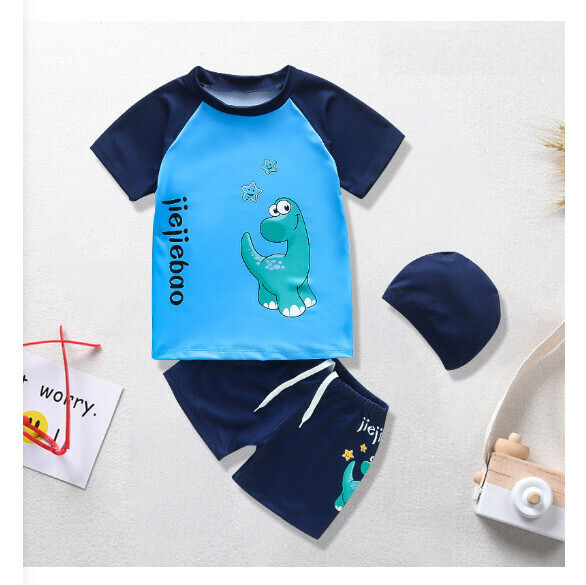 Hot recommended children's split short-sleeved swimsuit [M-XL size] [Lake blue cartoon dinosaur] (contact customer service after placing the order to confirm the delivery size)