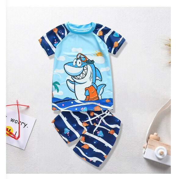 Hot recommended children's split short-sleeved swimsuit [M-XL size] [Lake blue bottom big eye shark] (contact customer service after placing the order to confirm the delivery size)