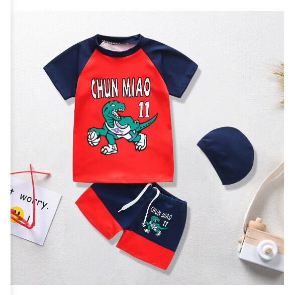 Hot recommended children's split short-sleeved swimsuit [M-XL size] [Red Bottom Tyrannosaurus Rex] (contact customer service after placing the order to confirm the delivery size)