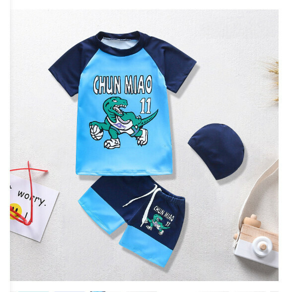 Hotly recommended children's split short-sleeved swimsuit [M-XL size] [Tyrannosaurus rex with lake blue bottom] (contact customer service after placing the order to confirm the delivery size)