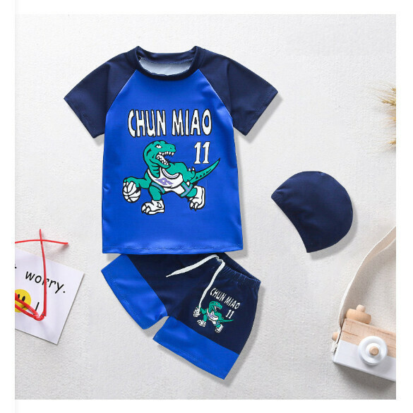 Hot recommended children's split short-sleeved swimsuit [M-XL size] [Royal Blue Tyrannosaurus Rex] (contact customer service after placing the order to confirm the delivery size)