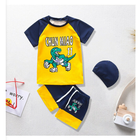 Hot recommended children's split short-sleeved swimsuit [M-XL size] [Yellow Bottom Tyrannosaurus Rex] (contact customer service after placing the order to confirm the delivery size)