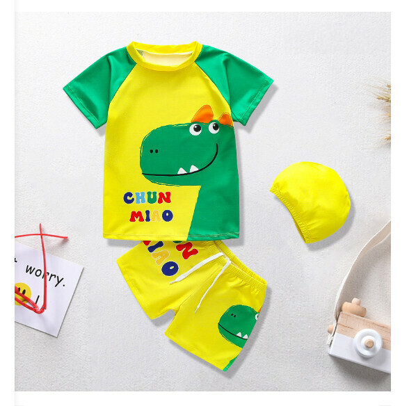Hot recommended children's split short-sleeved swimsuit [M-XL size] [yellow bottom green dinosaur] (contact customer service after placing the order to confirm the delivery size)