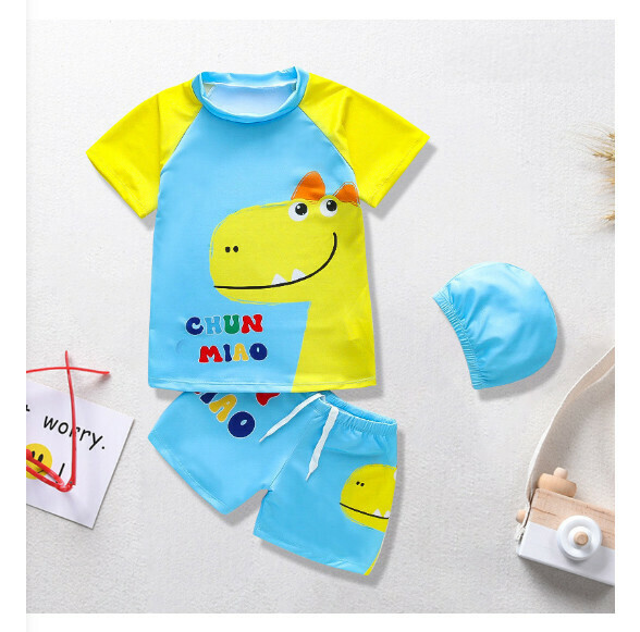 Hot recommended children's split short-sleeved swimsuit [M-XL size] [yellow dinosaur with blue background] (contact customer service after placing the order to confirm the delivery size)