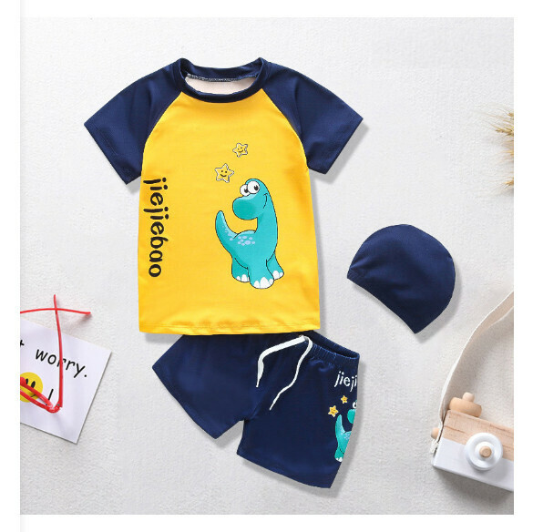 Hot recommended children's split short-sleeved swimsuit [M-XL size] [yellow bottom cartoon dinosaur] (contact customer service after placing the order to confirm the delivery size)