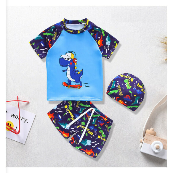 Hot recommended children's split short-sleeved swimsuit [M-XL size] [Lake blue bottom skateboard dinosaur] (contact customer service after placing the order to confirm the delivery size)