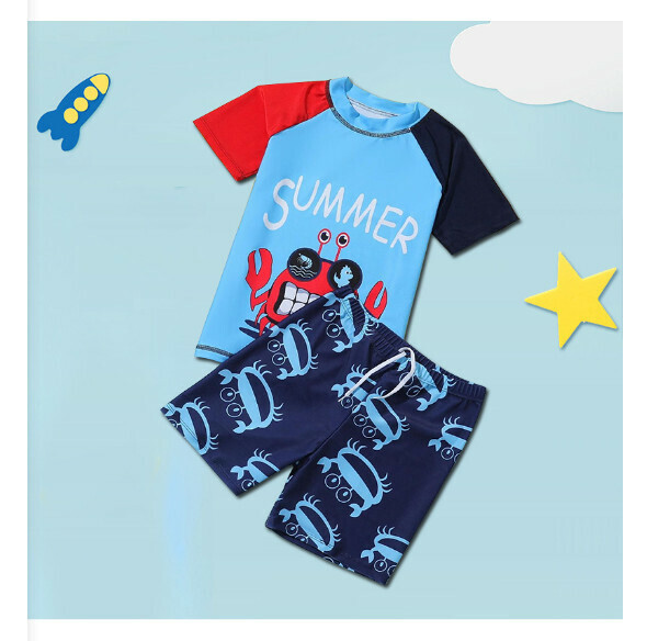 Popular children's split short-sleeved swimsuit [M-XL size] [Lake Blue Crab] (contact customer service after placing the order to confirm the delivery size)