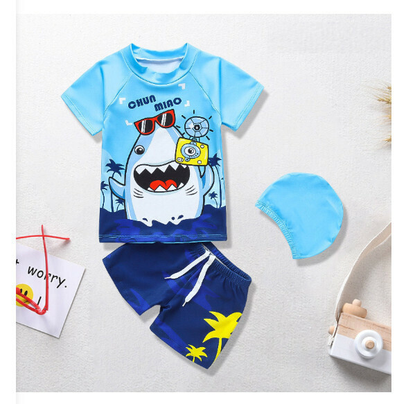 Hot recommended children's split short-sleeved swimsuit [M-XL size] [Lake blue bottom eye shark] (contact customer service after placing the order to confirm the delivery size)