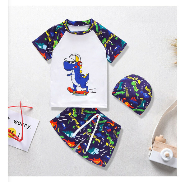Hotly recommended children's split short-sleeved swimsuit [M-XL size] [White Bottom Skateboard Dinosaur] (contact customer service after placing the order to confirm the delivery size)