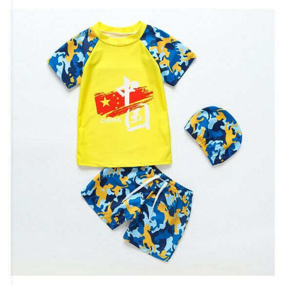Hot recommended children's split short-sleeved swimsuit with swimming cap [M-XL size] [yellow bottom flag camouflage] (contact customer service after placing the order to confirm the delivery size)