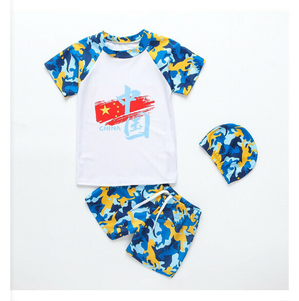 Hot recommended children's split short-sleeved swimsuit with swimming cap [M-XL size] [white background flag camouflage] (contact customer service after placing the order to confirm the delivery size)
