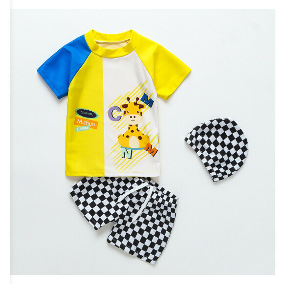 Hot recommended children's split short-sleeved swimsuit with swimming cap [M-XL size] [yellow bottom giraffe] (contact customer service after placing the order to confirm the delivery size)