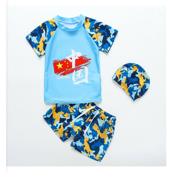 Hot recommended children's split short-sleeved swimsuit with swimming cap [M-XL size] [Lake blue base flag camouflage] (contact customer service after placing the order to confirm the delivery size)