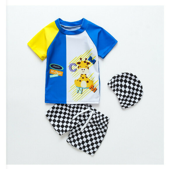 Hotly recommended children's split short-sleeved swimsuit with swimming cap [M-XL size] [Giraffe with royal blue bottom] (contact customer service after placing the order to confirm the delivery size)