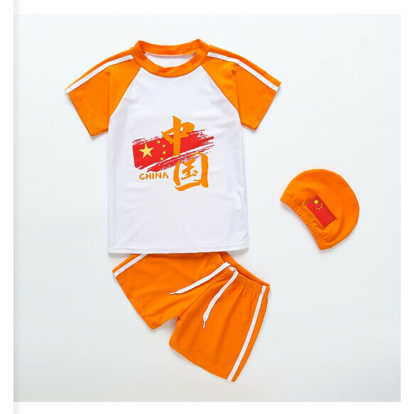 Hot recommended children's split short-sleeved swimsuit with swimming cap [M-XL size] [Orange sleeves and national flag solid color] (contact customer service after placing the order to confirm the delivery size)