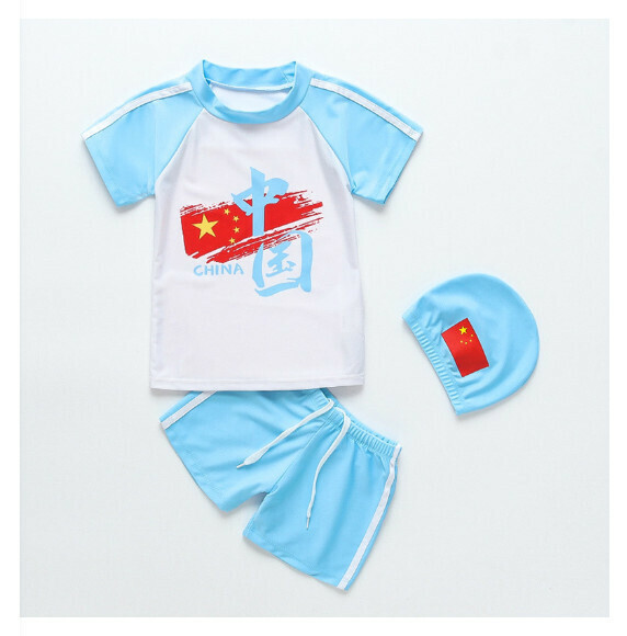Hot recommended children's split short-sleeved swimsuit with swimming cap [M-XL size] [Sky blue sleeves and national flag solid color] (contact customer service after placing the order to confirm the delivery size)