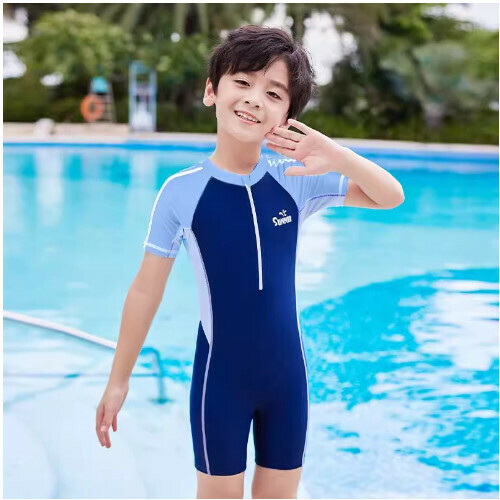 熱推男童連體泳衣（淺藍-短袖短褲【福利款】）（L-XL)（下單後跟客服聯系發貨的尺寸）