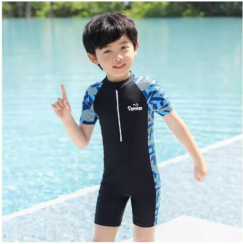熱推男童連體泳衣（黑色幾何-短袖短褲【福利款】）（L-XL）（下單後跟客服聯系發貨的尺寸）