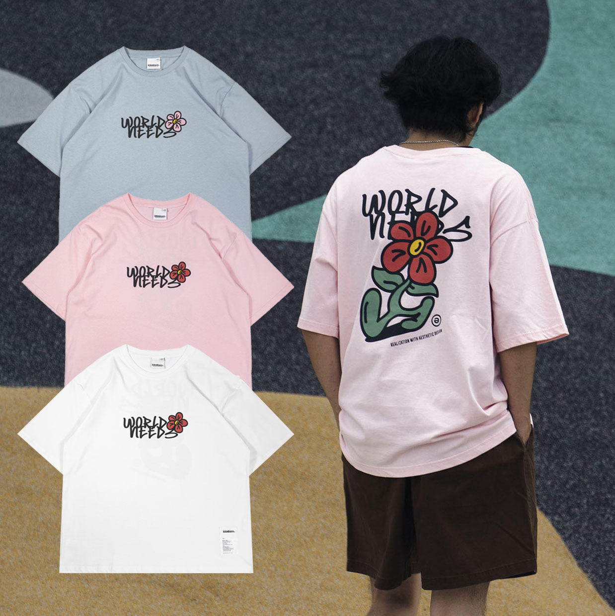 idealism Flower Tee 白色 粉色 霧藍 花圖上衣【ID24012】