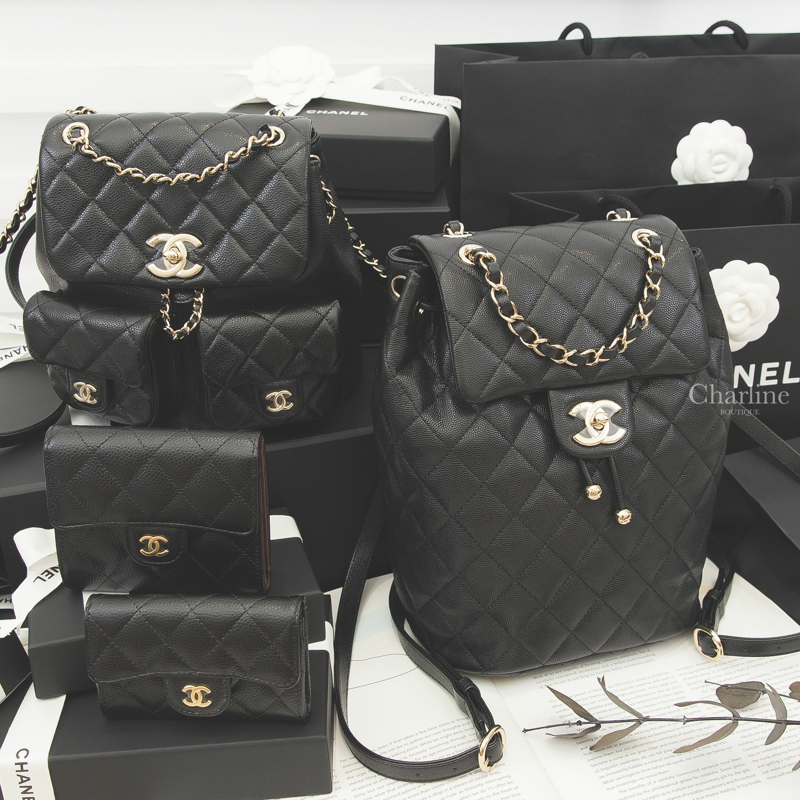 Chanel 黑色金CC金鍊雙口袋大型菱格紋後背包,Backpack 黑色金CC金鍊菱格紋手提後背包,Flap Wallet 黑色金CC菱格紋三折短夾,Card Holder 黑色金CC菱格紋零錢夾-Charline Boutique 精品代購