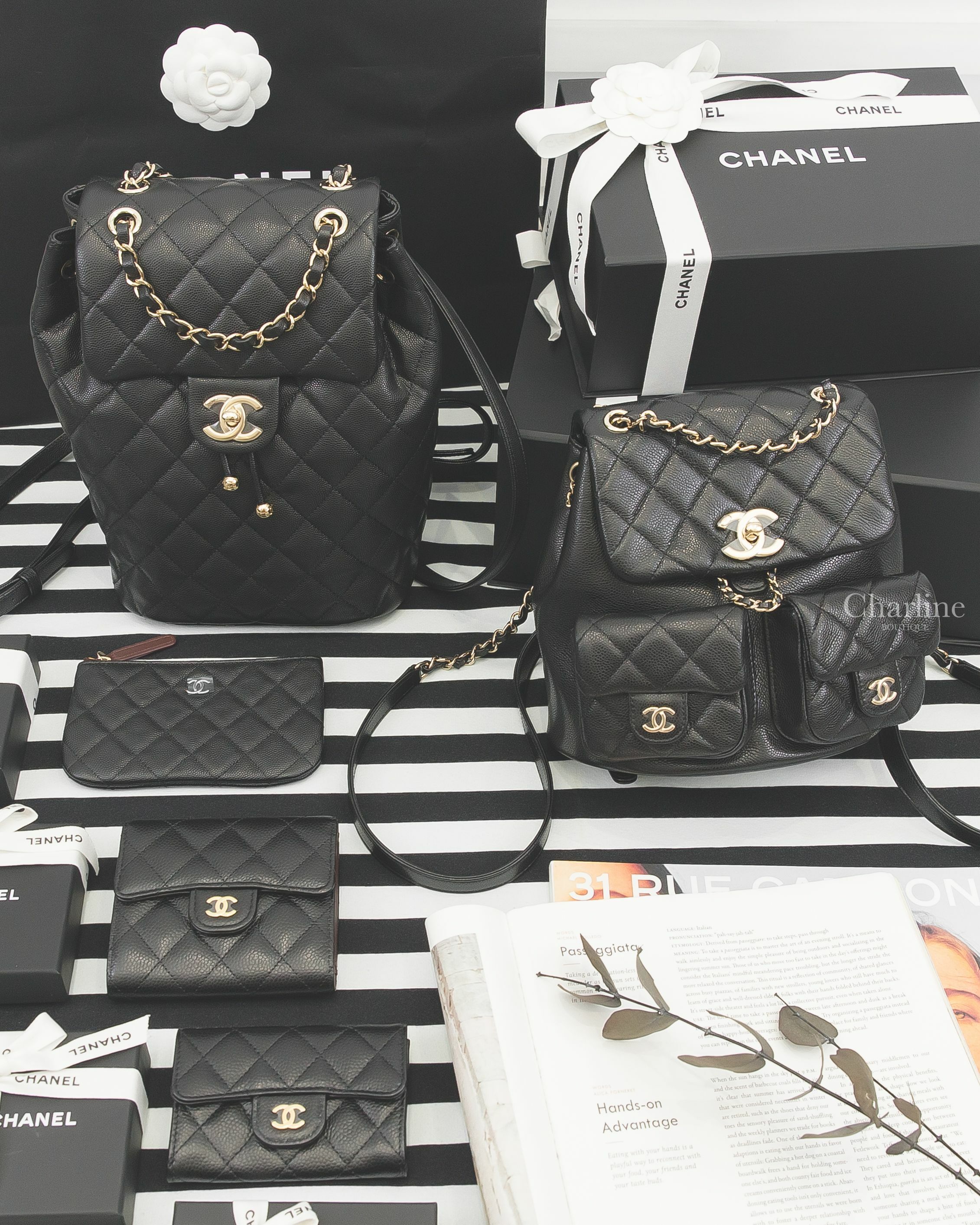Chanel 黑色金CC金鍊雙口袋大型菱格紋後背包,黑色金CC金鍊菱格紋後背包,黑色金CC菱格紋拉鍊零錢包,黑色金CC菱格紋三折短夾,黑色金CC菱格紋零錢夾-Charline Boutique 精品代購