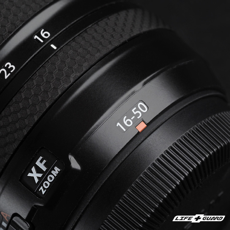 FUJIFILM XF 16-50mm F2.8-4.8 鏡頭貼膜展示圖，LIFE+GUARD 風格設計
