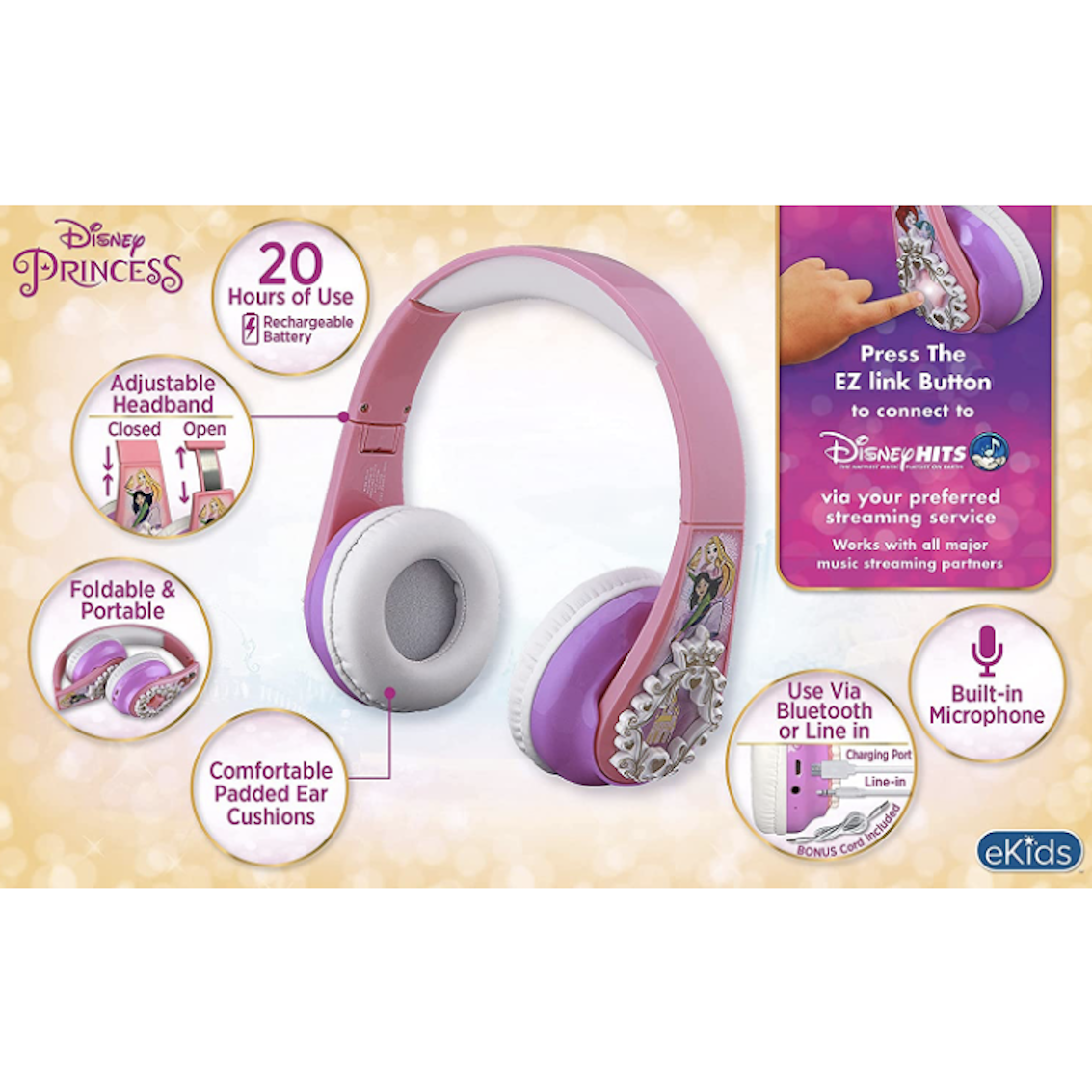 美國 Disney Princess Headphone 藍牙耳機 (內置 Microphone)