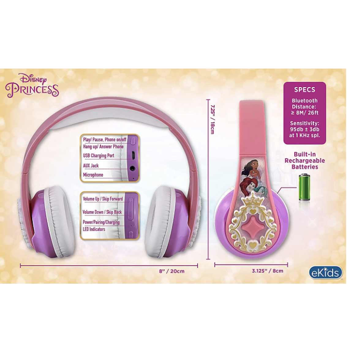 美國 Disney Princess Headphone 藍牙耳機 (內置 Microphone)
