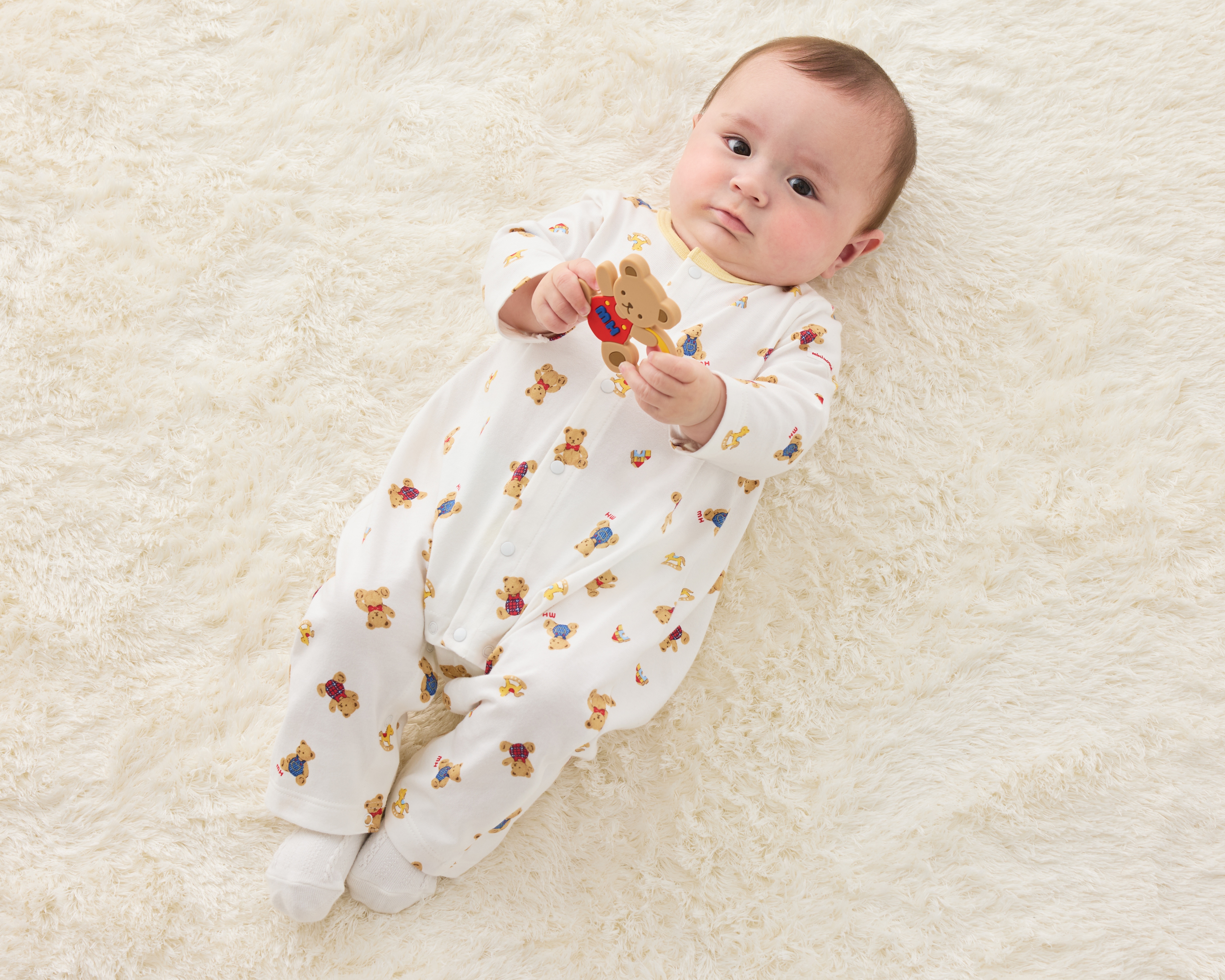 MIKI HOUSE BEAR滿版印花長袖連身衣-白