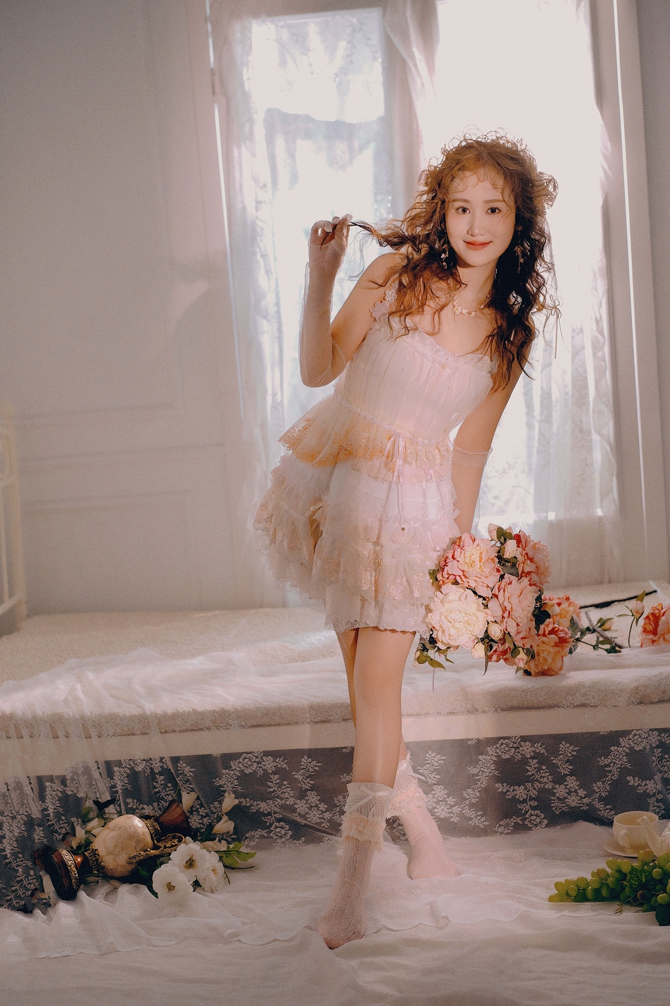 Rose Milk Bath Lace Chiffon Ruffle Mini Skirt