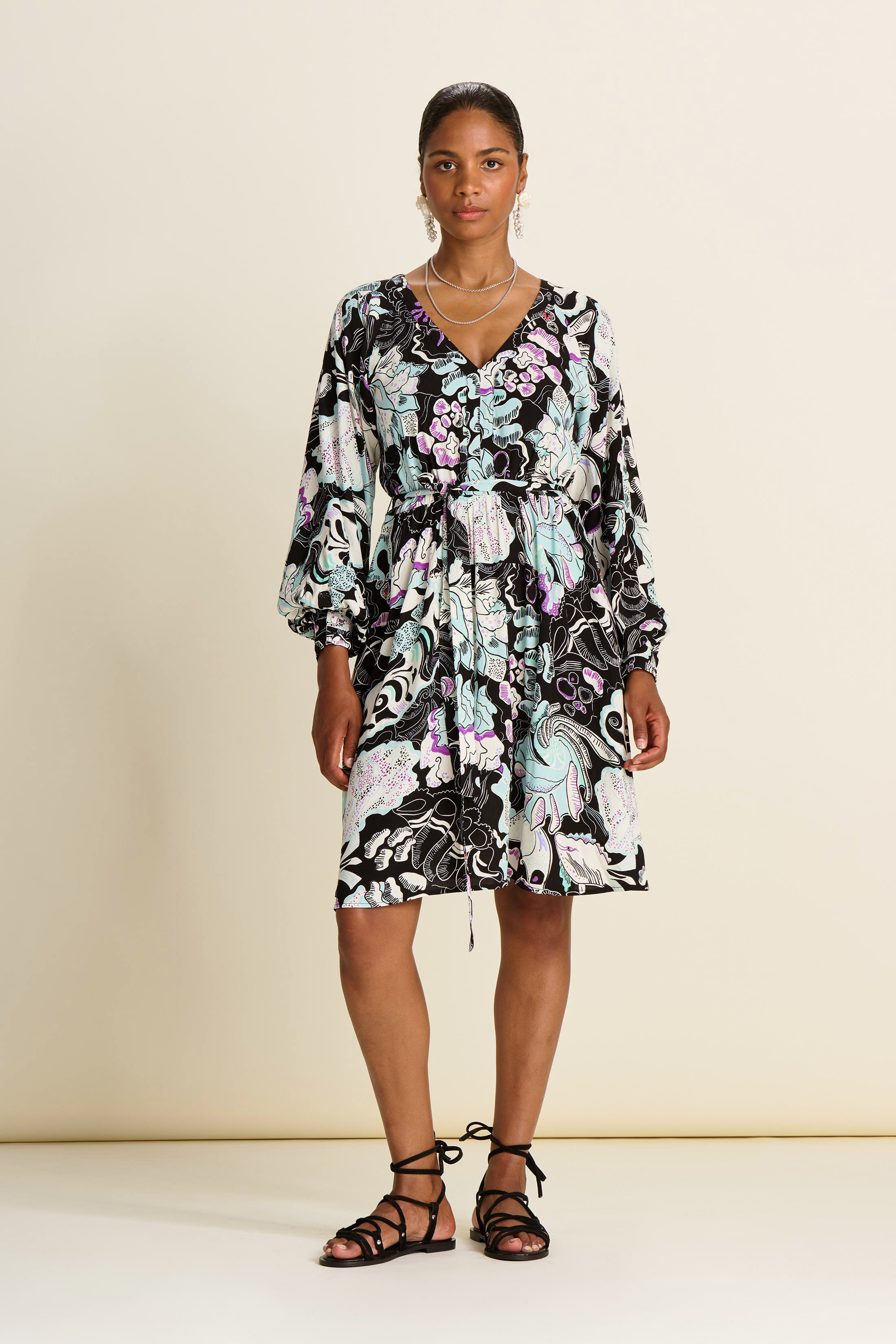 POM 手繪印花V領連身裙