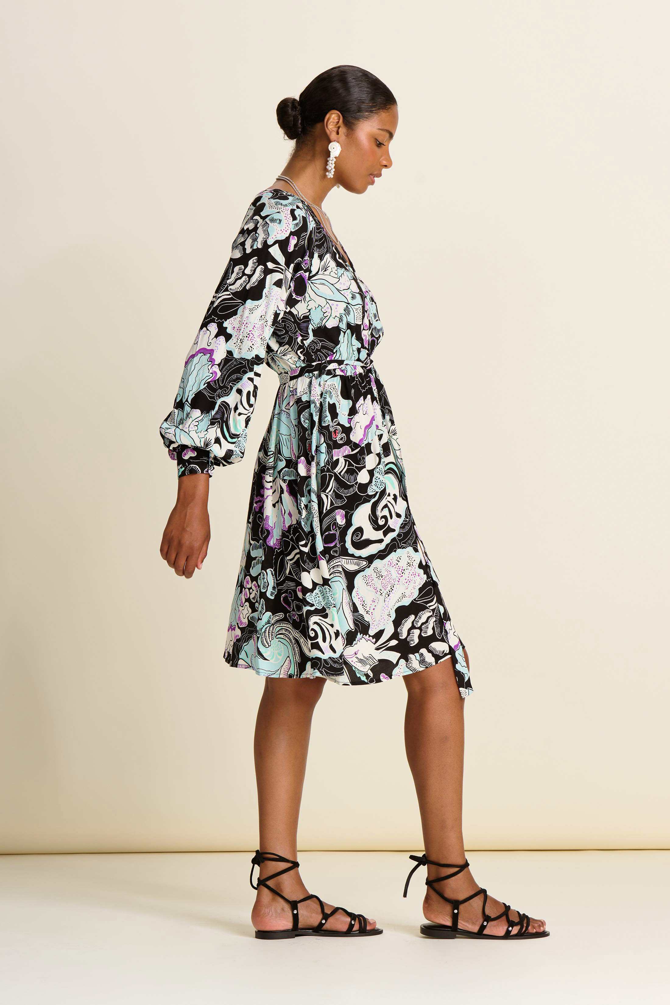 POM 手繪印花V領連身裙