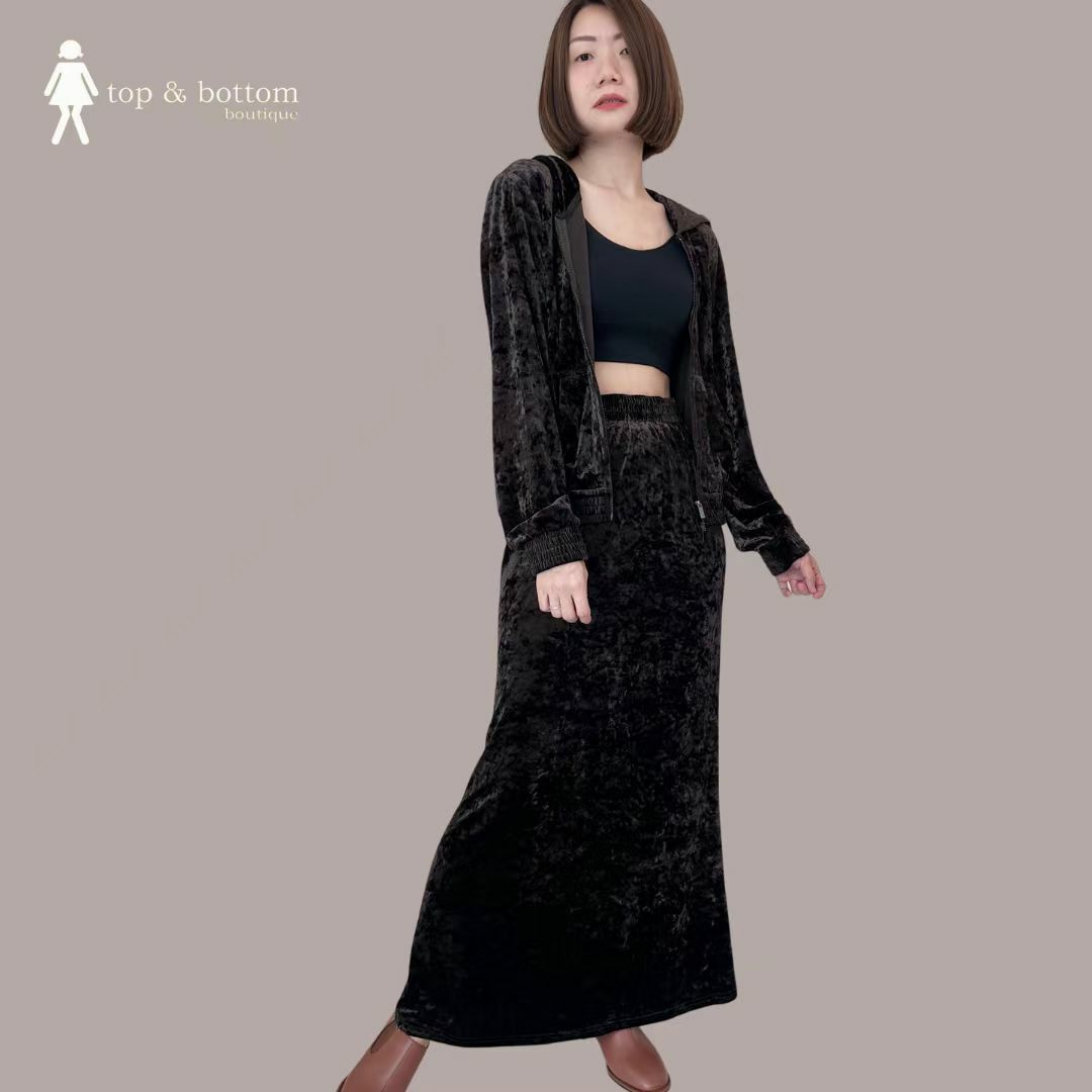 VELVET HOODY JACKET & PENCIL SKIRT SET SUIT ( 2PCS)