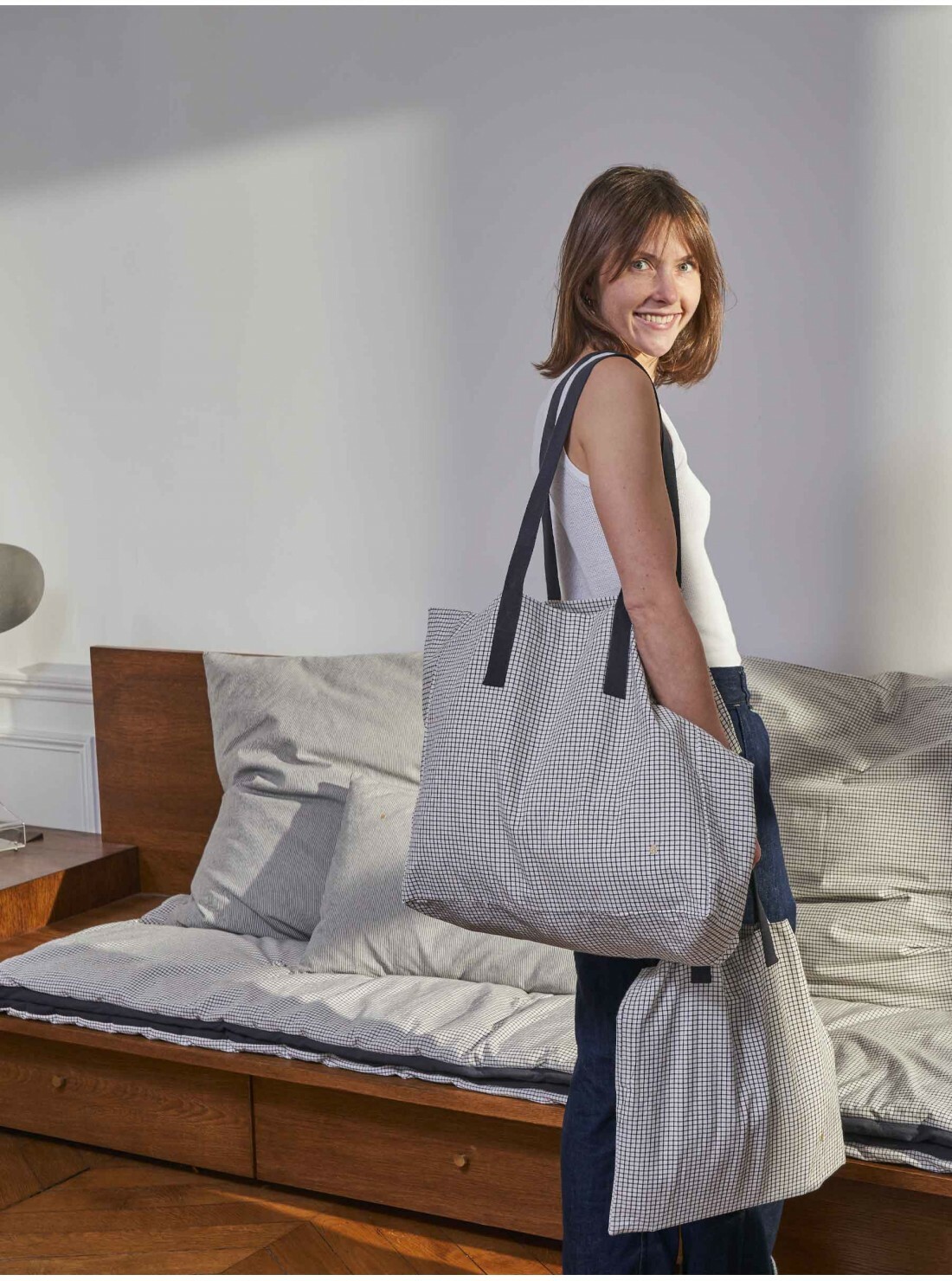 (預購4/30)法國La cerise sur le gâteau 有機棉購物袋-小格紋