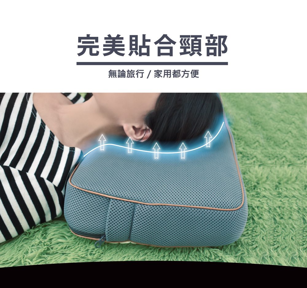 PAMABE 露營枕頭說明圖,強調支撐頸部、透氣不悶、水洗快乾與涼感設計的實用特色