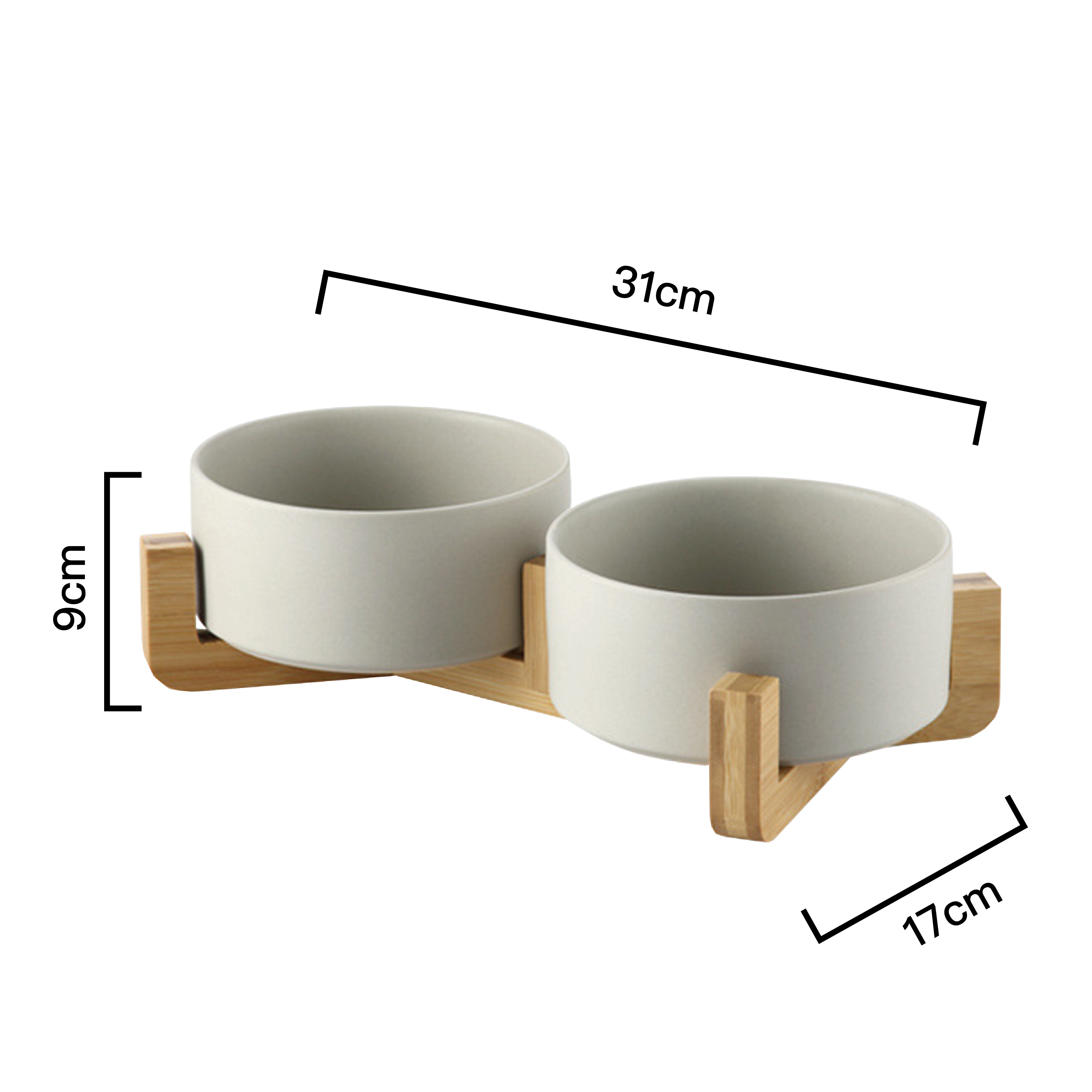 PettoDeli | 15.5cm啞面 陶瓷製雙碗 連木架 (灰色)（710010）